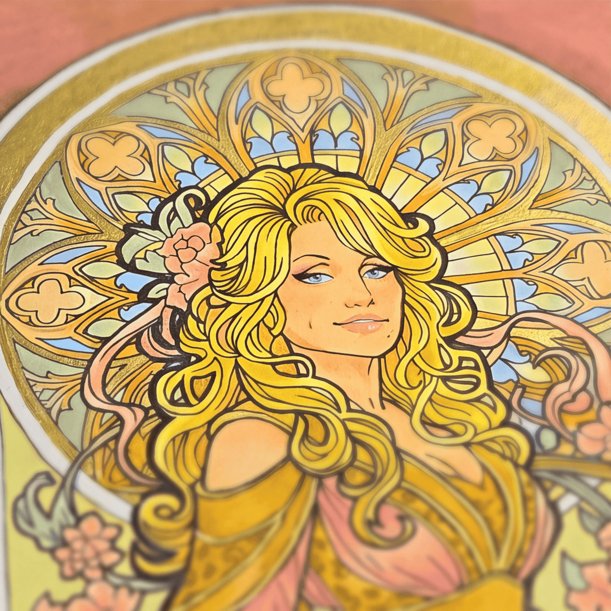 Close-up of the Art Nouveau goddess: golden-haired woman with a flower crown against a stained-glass halo