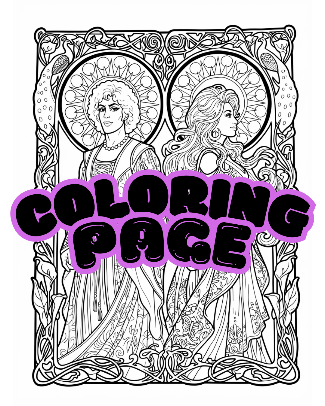 Sun and Moon Saints coloring page line art of two haloed saints framed by peacocks and lilies