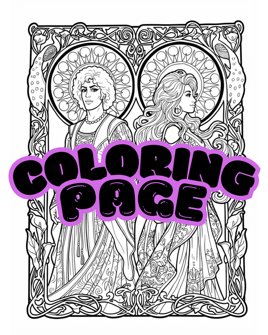 Sun and Moon Saints coloring page line art of two haloed saints framed by peacocks and lilies