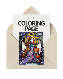 Free coloring page of a gothic Halloween girl with a jack-o'-lantern under a moon-phase halo