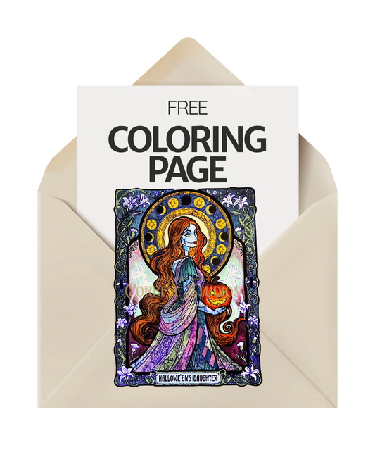Free coloring page of a gothic Halloween girl with a jack-o'-lantern under a moon-phase halo