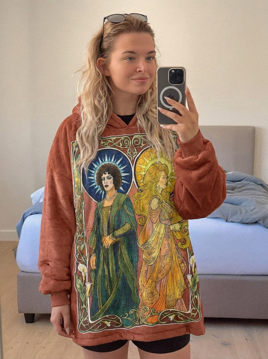 Sun and Moon hoodie blanket printed with two haloed saints in green and gold robes