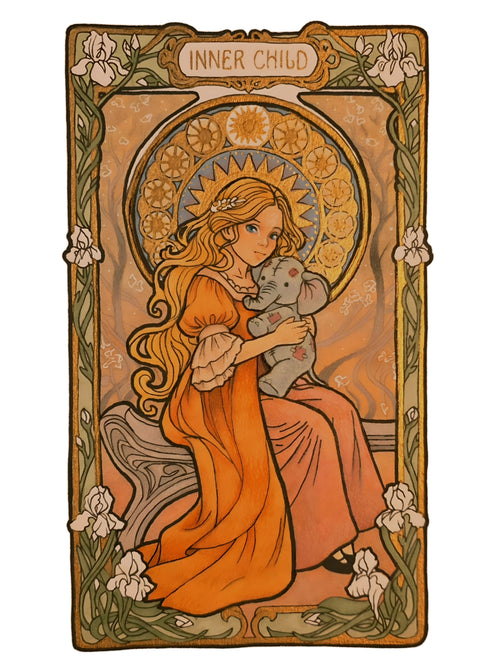 Original Inner Child painting with gold leaf: girl in an orange dress holding a small gray elephant