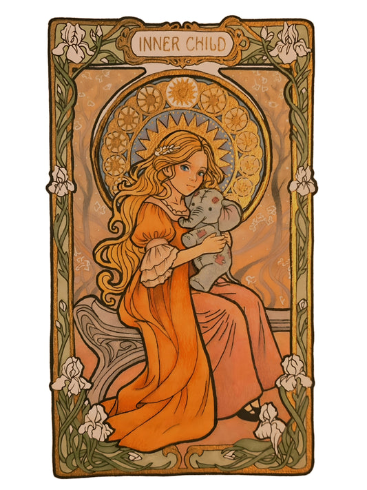 Original Inner Child painting with gold leaf: girl in an orange dress holding a small gray elephant
