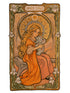 Original Inner Child painting with gold leaf: girl in an orange dress holding a small gray elephant